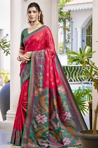 red woven design zari silk blend pochampally saree