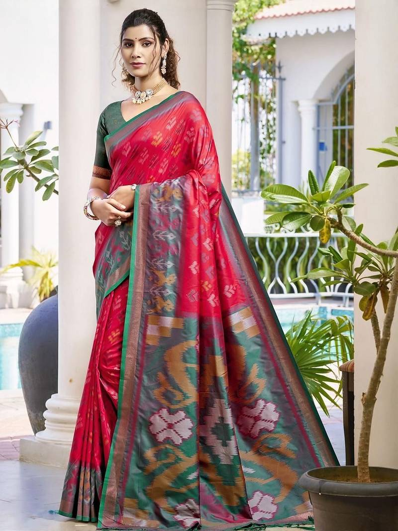 red woven design zari silk blend pochampally saree