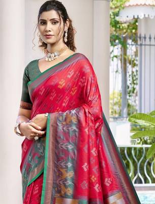 red woven design zari silk blend pochampally saree 2