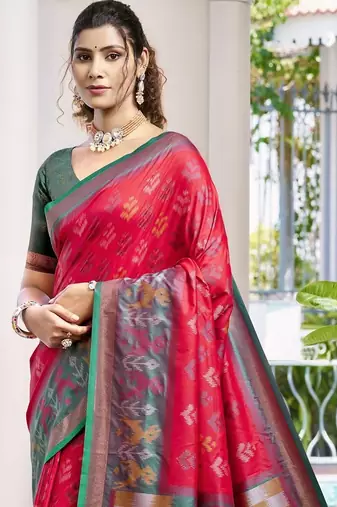 red woven design zari silk blend pochampally saree