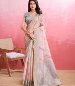 peach printed pure cotton banarasi saree