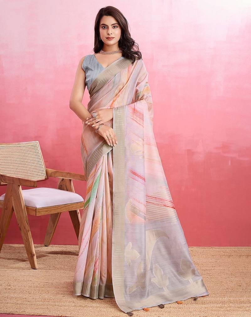 peach printed pure cotton banarasi saree