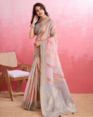 peach printed pure cotton banarasi saree 2