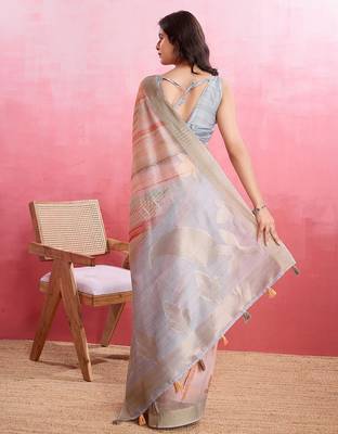 peach printed pure cotton banarasi saree 3