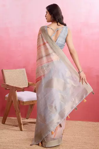 peach printed pure cotton banarasi saree