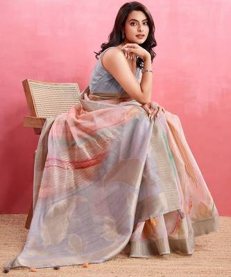 peach printed pure cotton banarasi saree 4