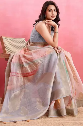 peach printed pure cotton banarasi saree