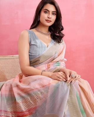peach printed pure cotton banarasi saree 5