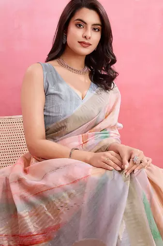 peach printed pure cotton banarasi saree