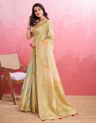 yellow woven design pure cotton banarasi saree 2