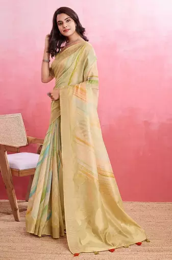 yellow woven design pure cotton banarasi saree