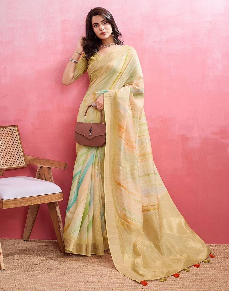 yellow woven design pure cotton banarasi saree