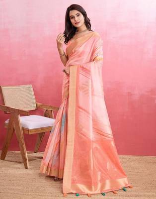 peach ombre pure cotton designer banarasi saree 2