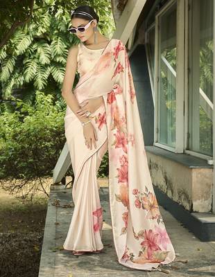 cream floral printed saree with tassels 1