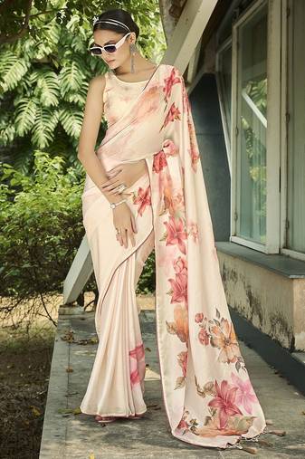 cream floral printed saree with tassels