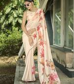 cream floral printed saree with tassels