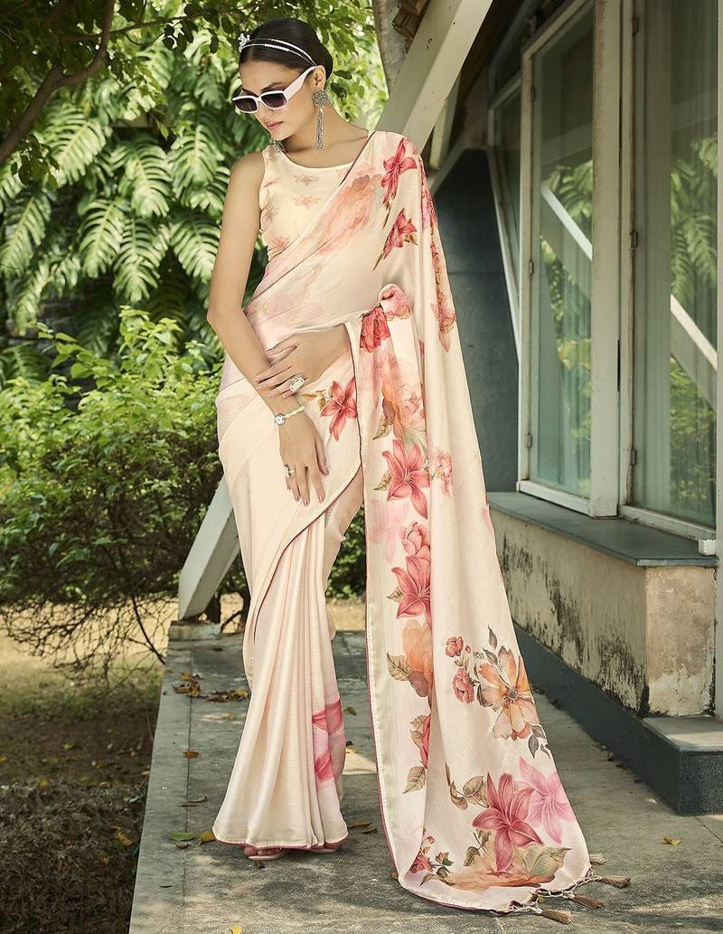 cream floral printed saree with tassels