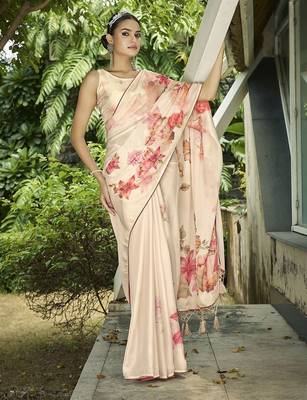 cream floral printed saree with tassels 2
