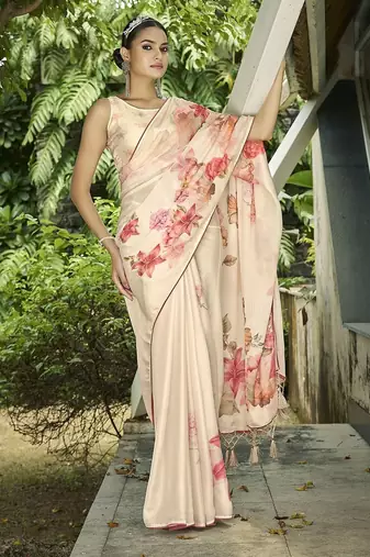 cream floral printed saree with tassels