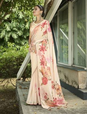 cream floral printed saree with tassels 3