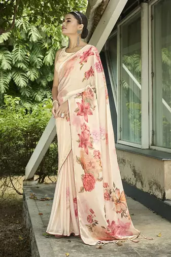 cream floral printed saree with tassels