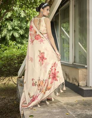cream floral printed saree with tassels 4