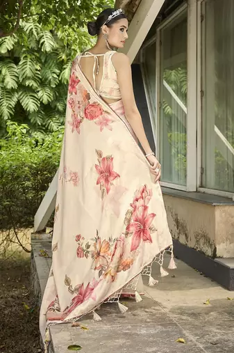 cream floral printed saree with tassels
