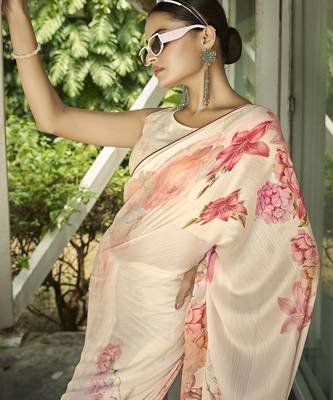 cream floral printed saree with tassels 5