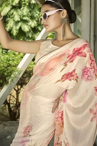 cream floral printed saree with tassels