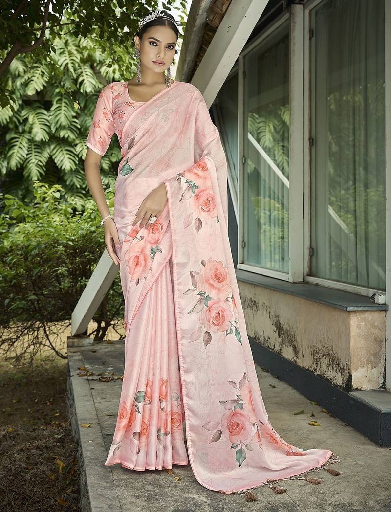 peach floral printed saree