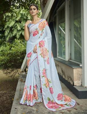 blue floral printed banarasi saree 1