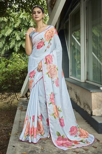 blue floral printed banarasi saree