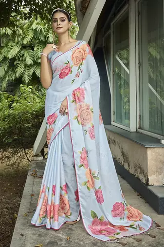 blue floral printed banarasi saree