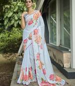 blue floral printed banarasi saree