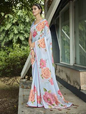 blue floral printed banarasi saree 2