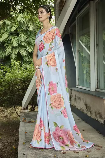 blue floral printed banarasi saree
