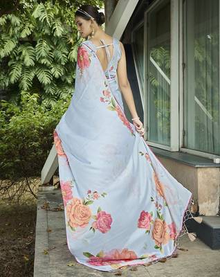 blue floral printed banarasi saree 3