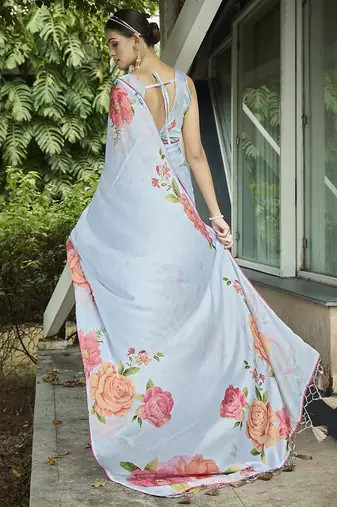 blue floral printed banarasi saree