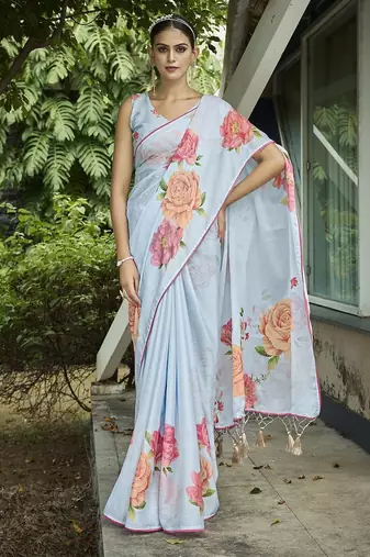 blue floral printed banarasi saree