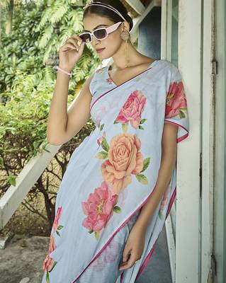 blue floral printed banarasi saree 5