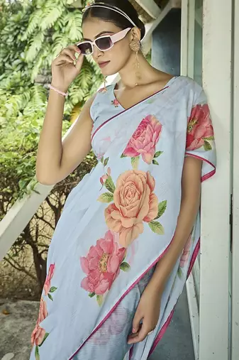 blue floral printed banarasi saree