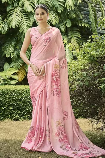 peach women floral printed satin saree with blouse piece