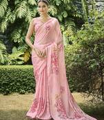 peach women floral printed satin saree with blouse piece