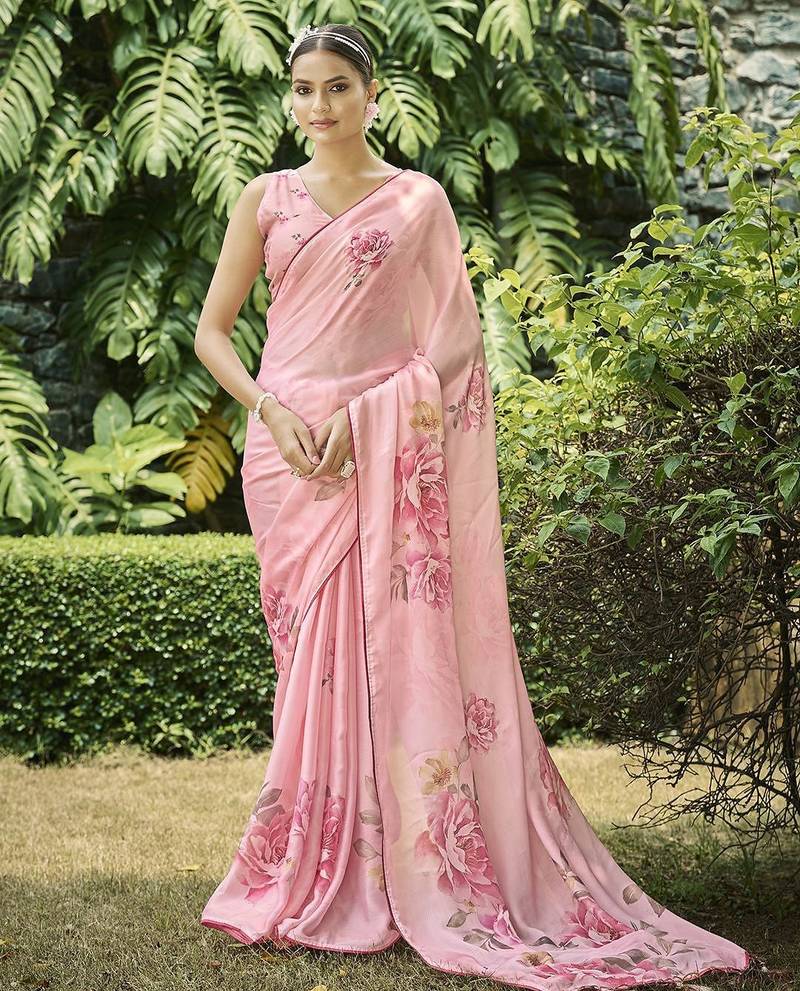 peach women floral printed satin saree with blouse piece