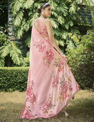 peach women floral printed satin saree with blouse piece 2