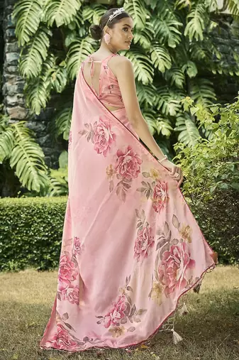 peach women floral printed satin saree with blouse piece