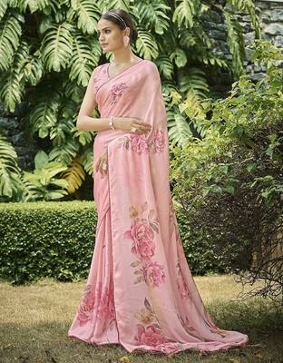 peach women floral printed satin saree with blouse piece 3
