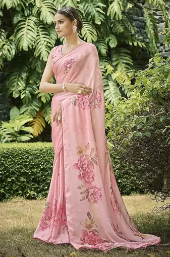 peach women floral printed satin saree with blouse piece