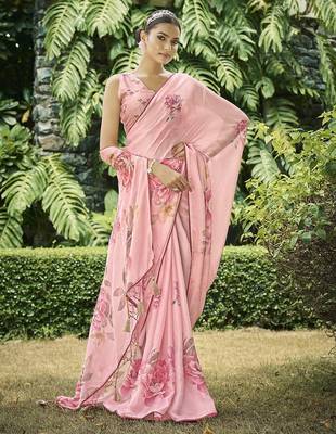 peach women floral printed satin saree with blouse piece 4