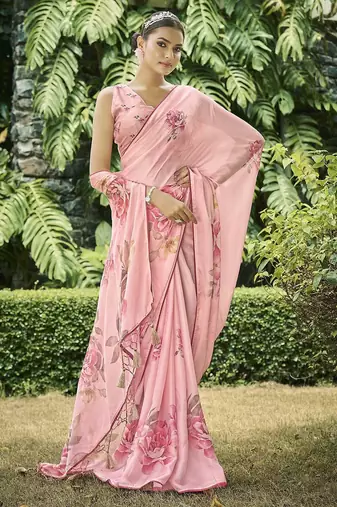 peach women floral printed satin saree with blouse piece